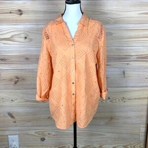 Ruby Rd Button Up Women L Bright Pastel Orange Eyelet Cotton Roll Tab Blouse